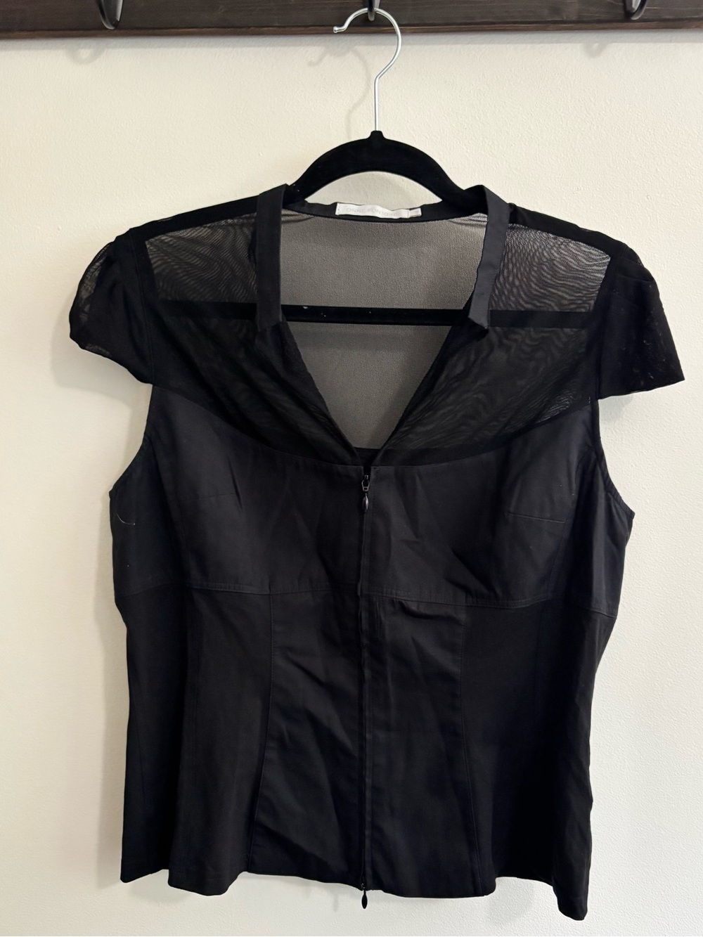Elegant & Polished Anne Fontaine Black Mesh-Yoke Zip Front Blouse- Size 44